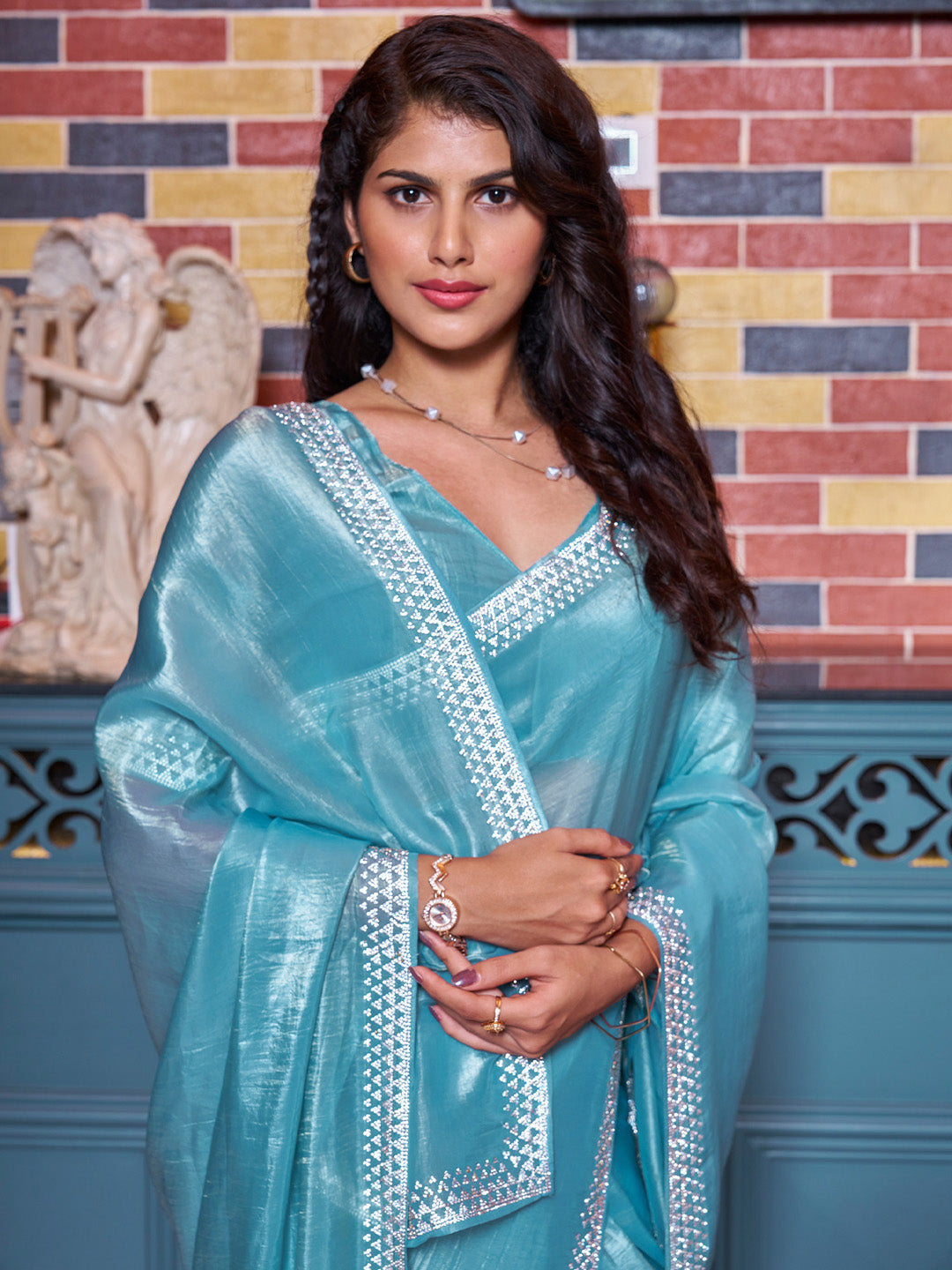 Pure Silk Blue Embellished Designer Saree With Blouse