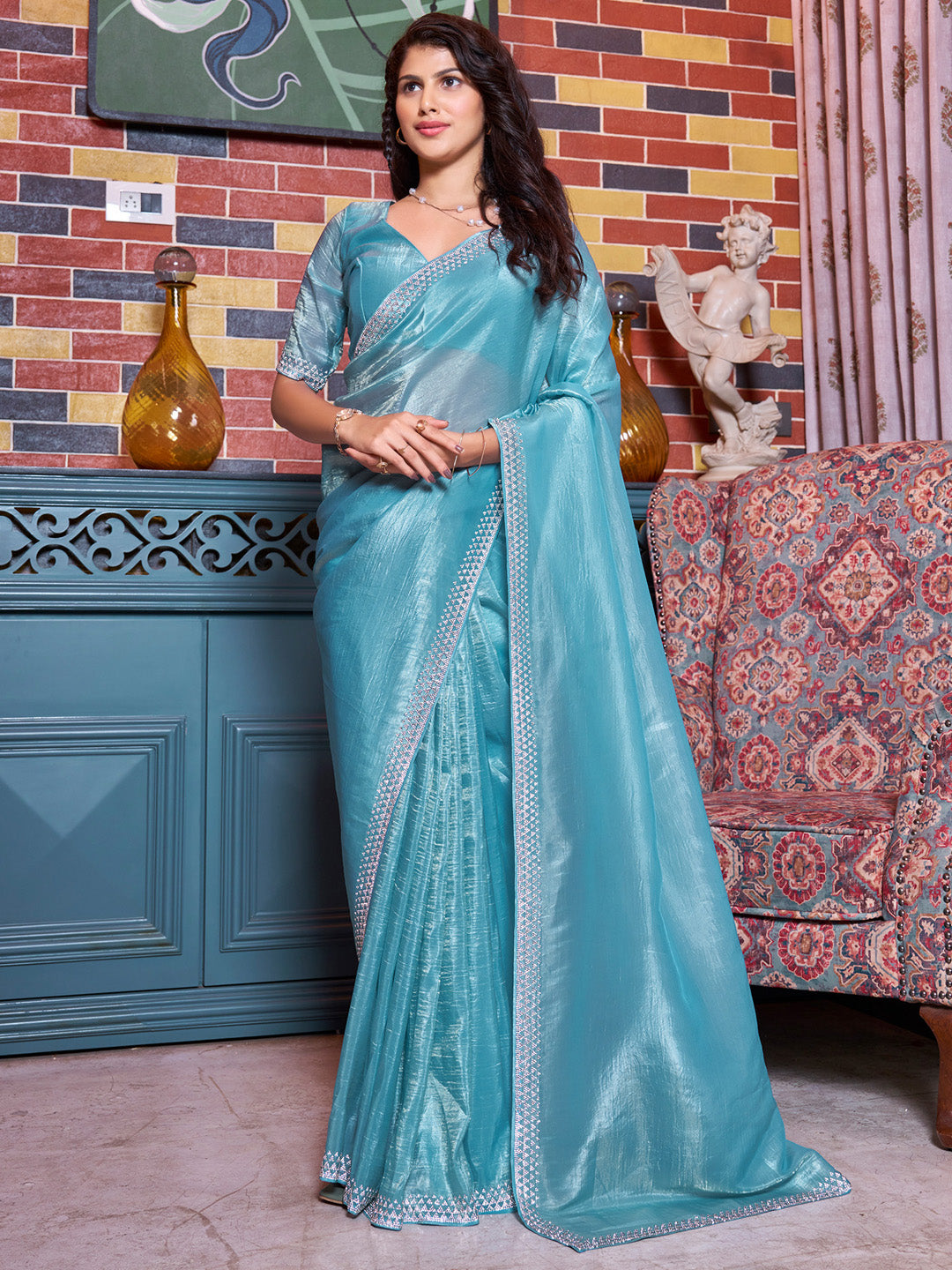 Pure Silk Blue Embellished Designer Saree With Blouse