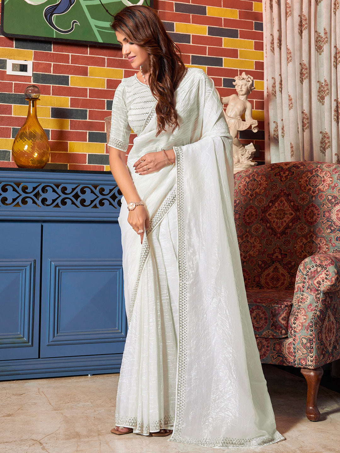 Pure Silk Off White Embellished Designer Saree With Blouse