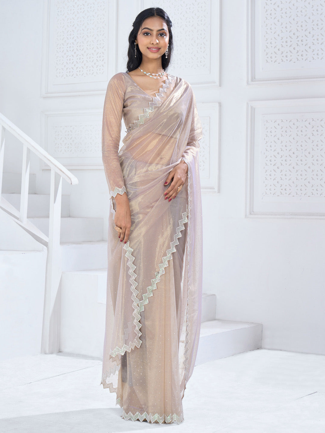 Organza Beige Embellished Designer Saree With Blouse