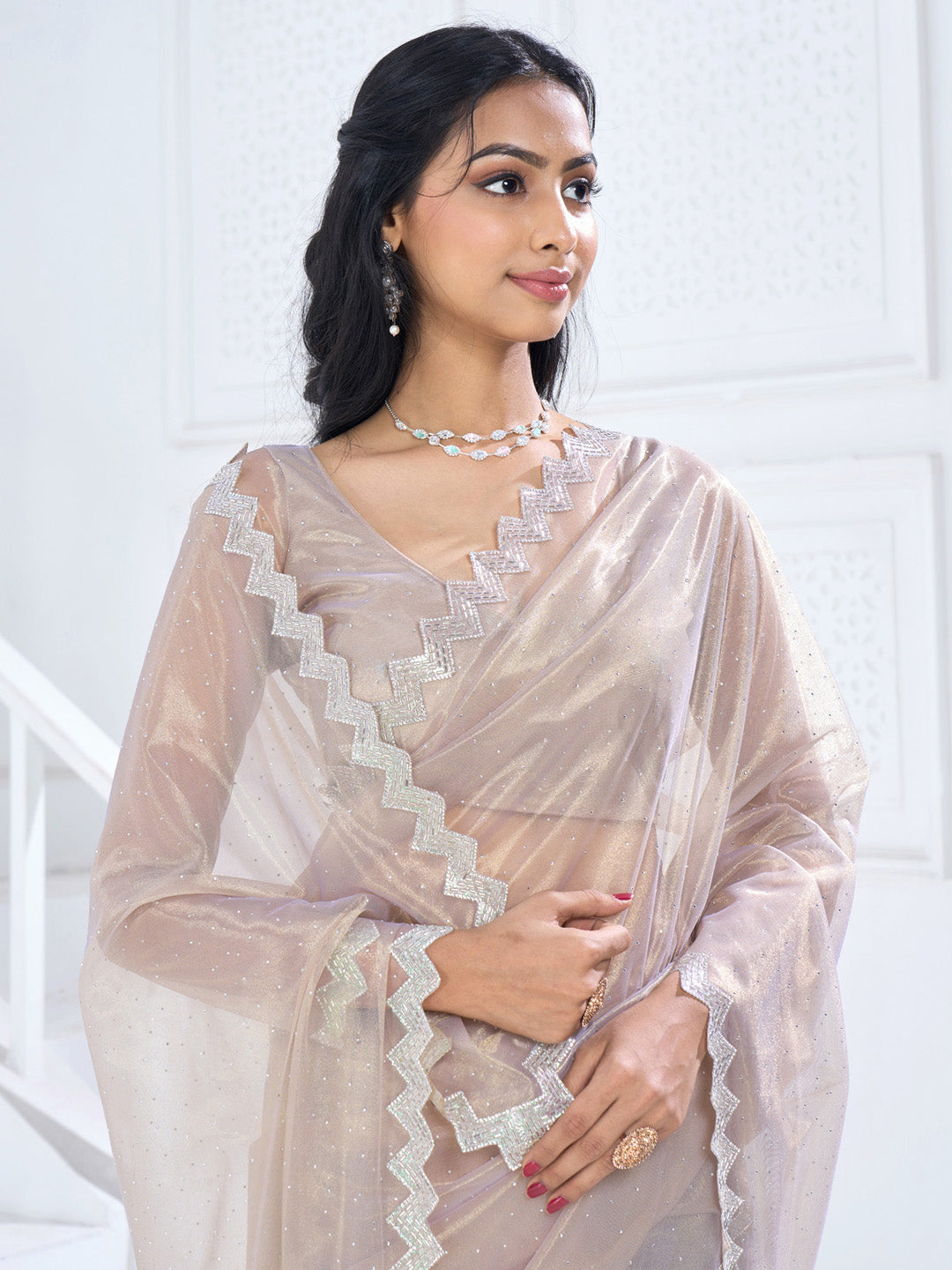 Organza Beige Embellished Designer Saree With Blouse