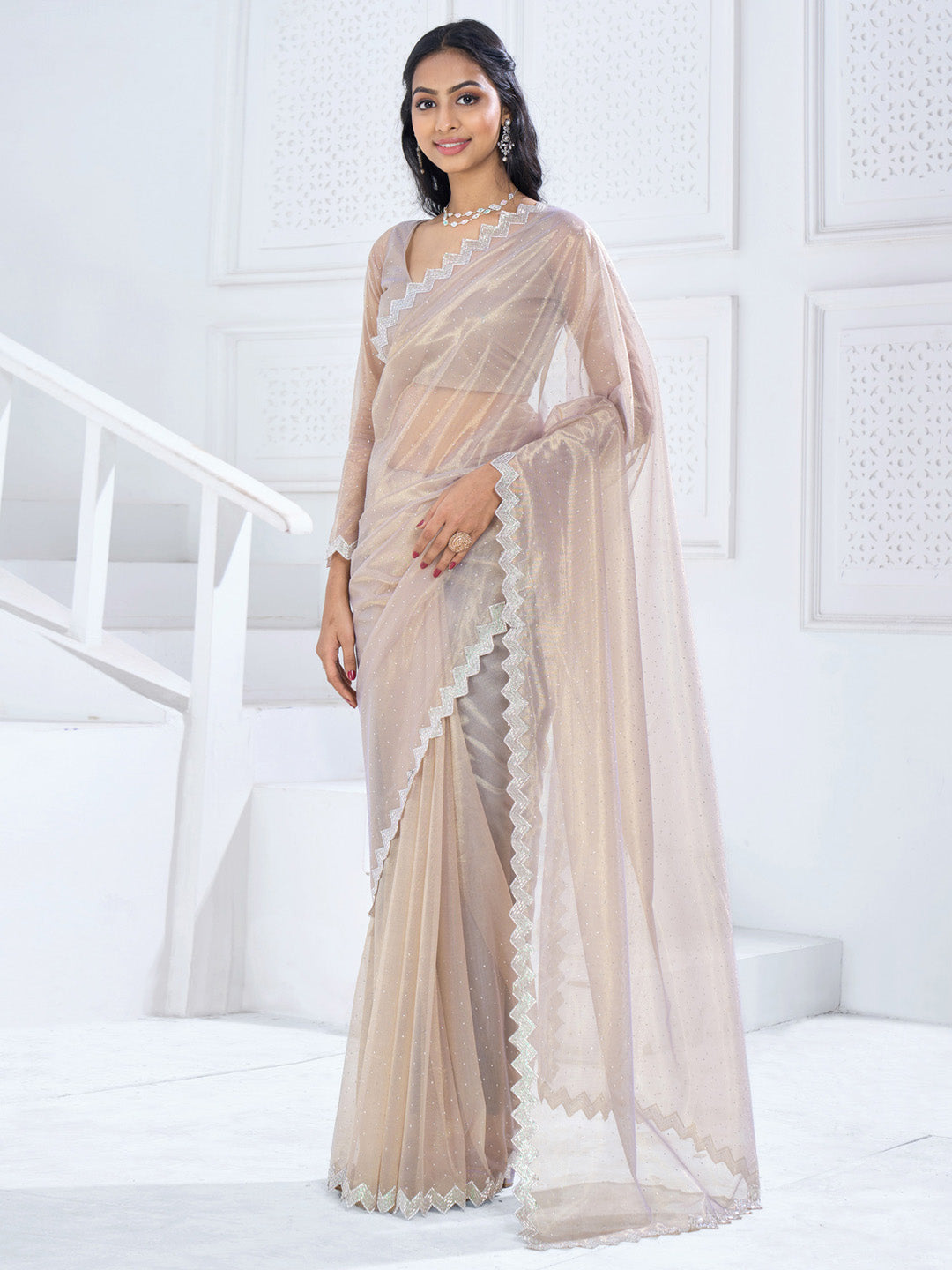 Organza Beige Embellished Designer Saree With Blouse