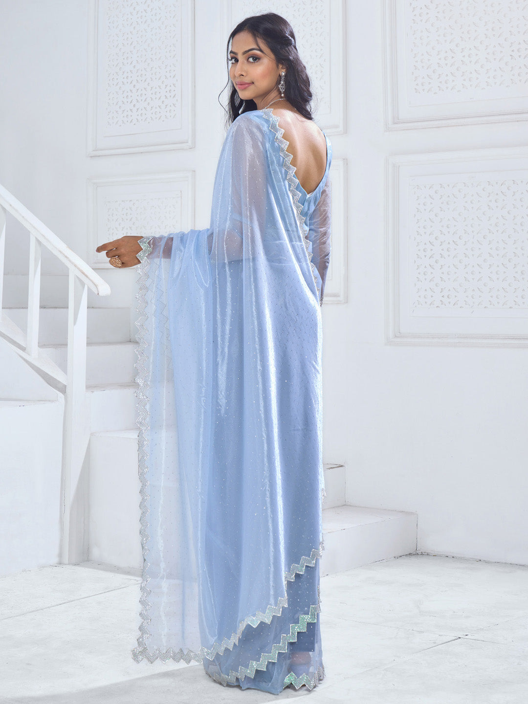 Organza Light Blue Embellished Designer Saree With Blouse