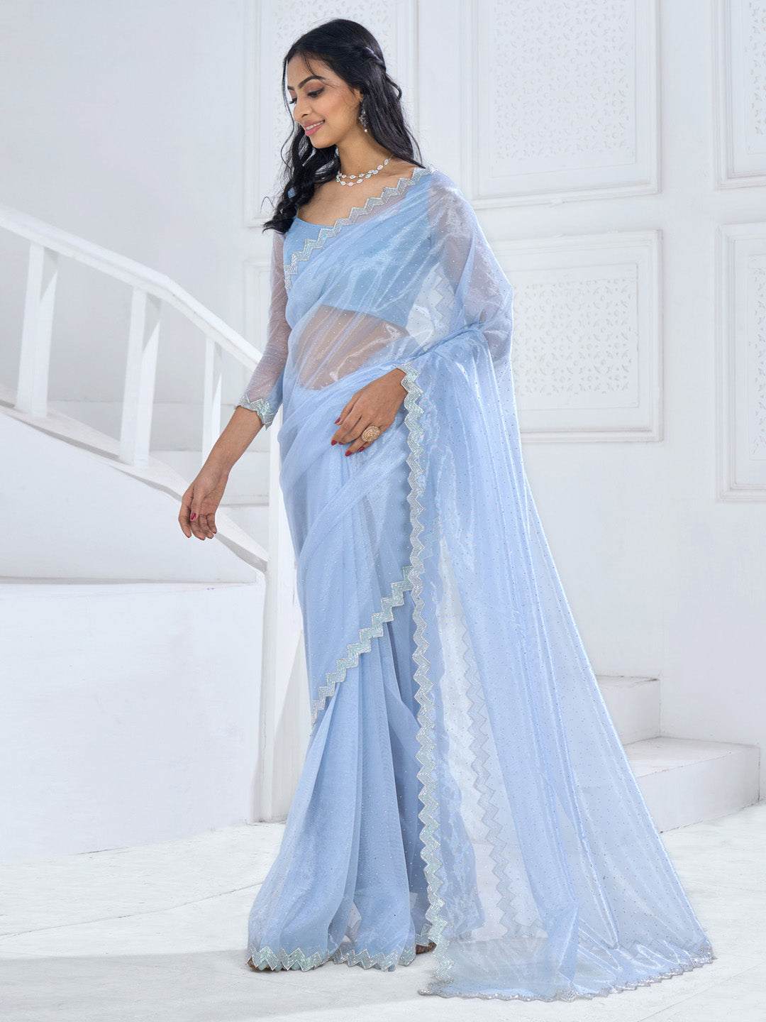 Organza Light Blue Embellished Designer Saree With Blouse