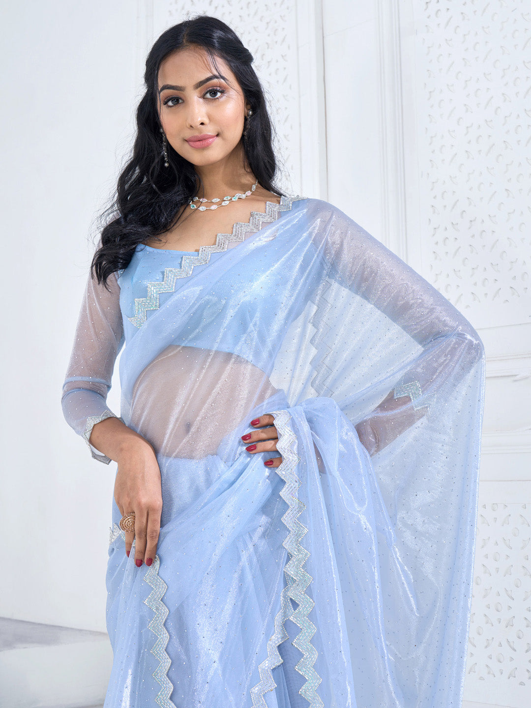 Organza Light Blue Embellished Designer Saree With Blouse