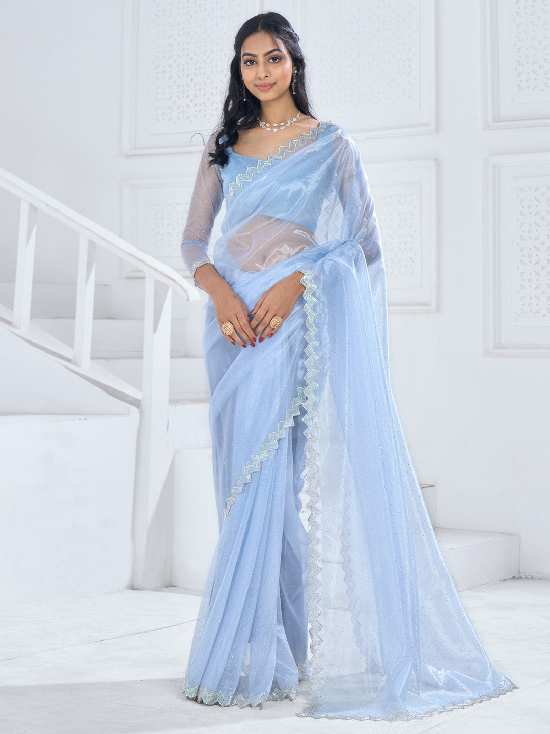 Organza Light Blue Embellished Designer Saree With Blouse