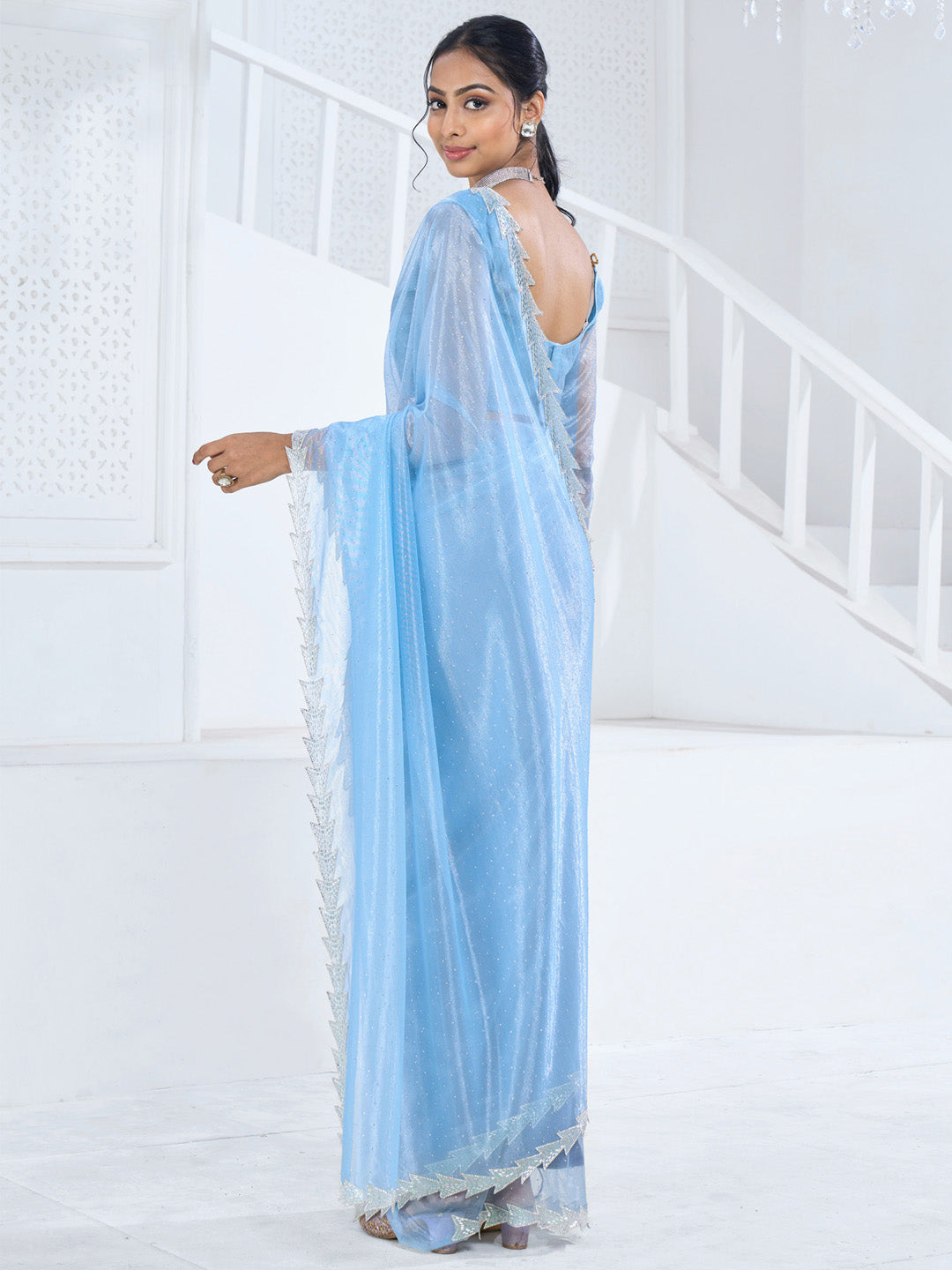 Organza Light Blue Embellished Designer Saree With Blouse