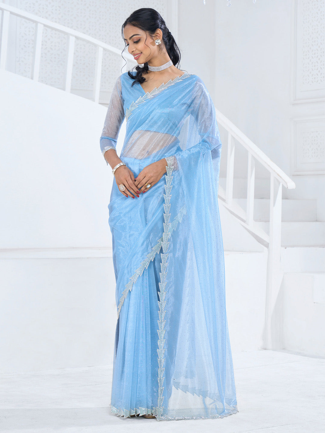 Organza Light Blue Embellished Designer Saree With Blouse