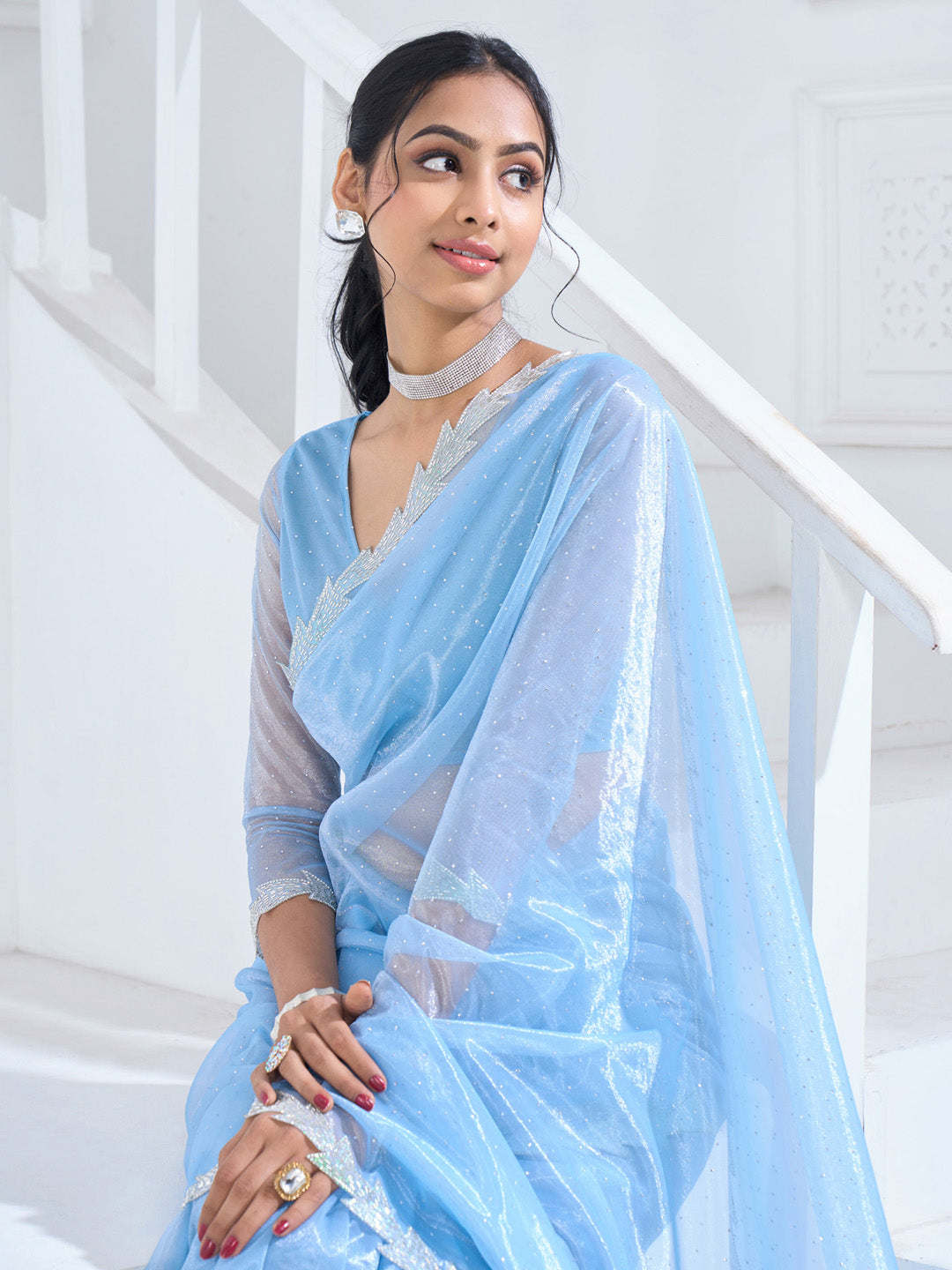 Organza Light Blue Embellished Designer Saree With Blouse