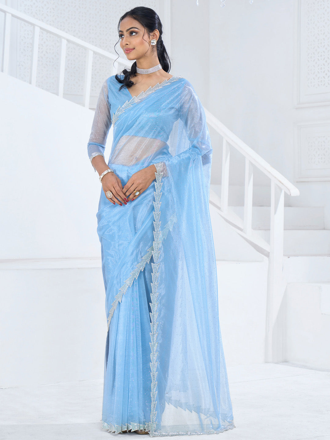 Organza Light Blue Embellished Designer Saree With Blouse