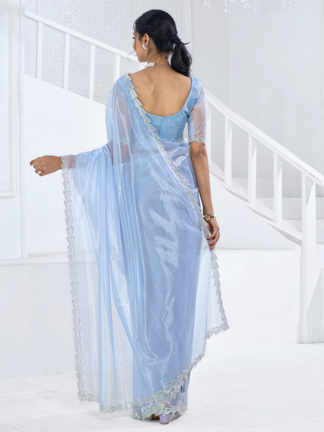 Organza Light Blue Embellished Designer Saree With Blouse