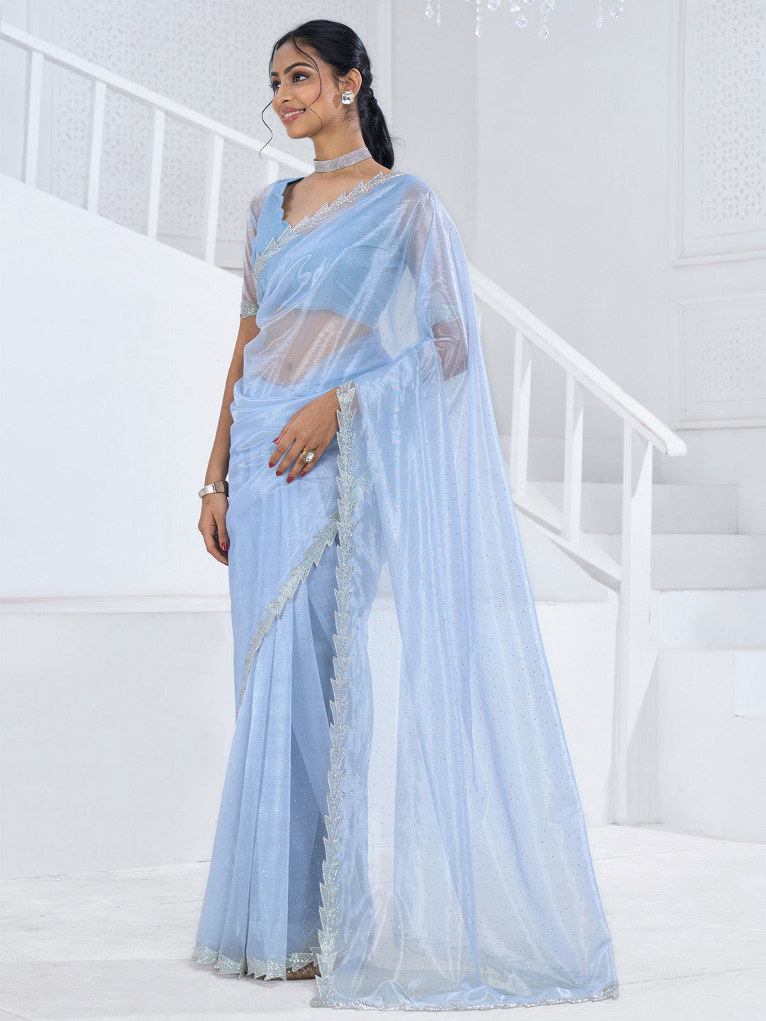 Organza Light Blue Embellished Designer Saree With Blouse