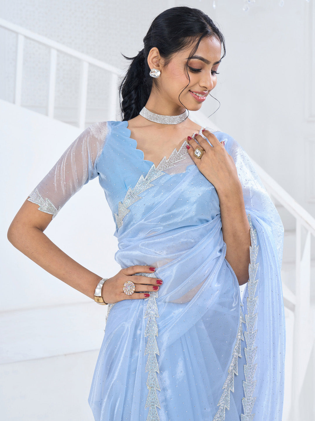 Organza Light Blue Embellished Designer Saree With Blouse