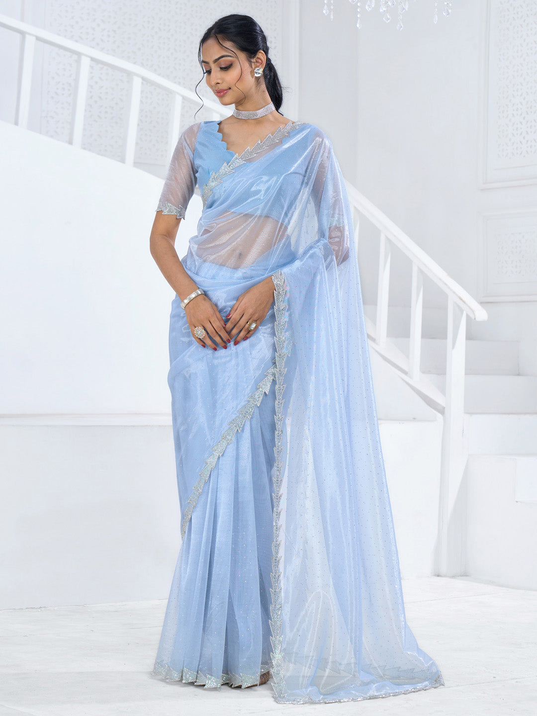 Organza Light Blue Embellished Designer Saree With Blouse