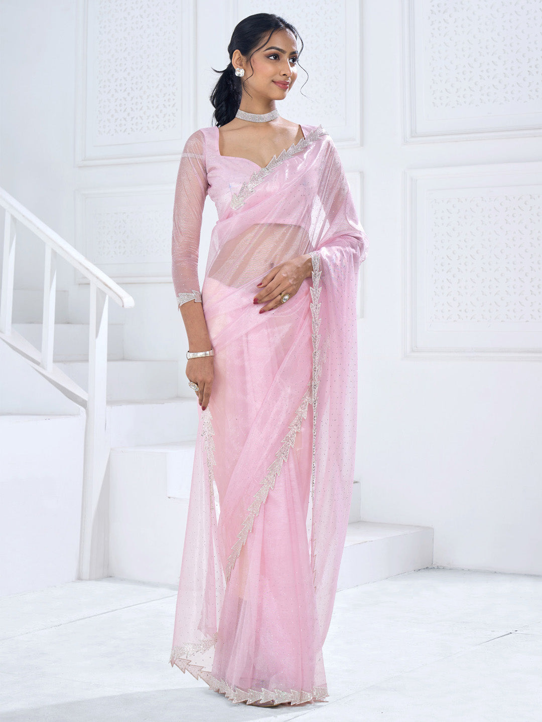 Organza Pink Embellished Designer Saree With Blouse