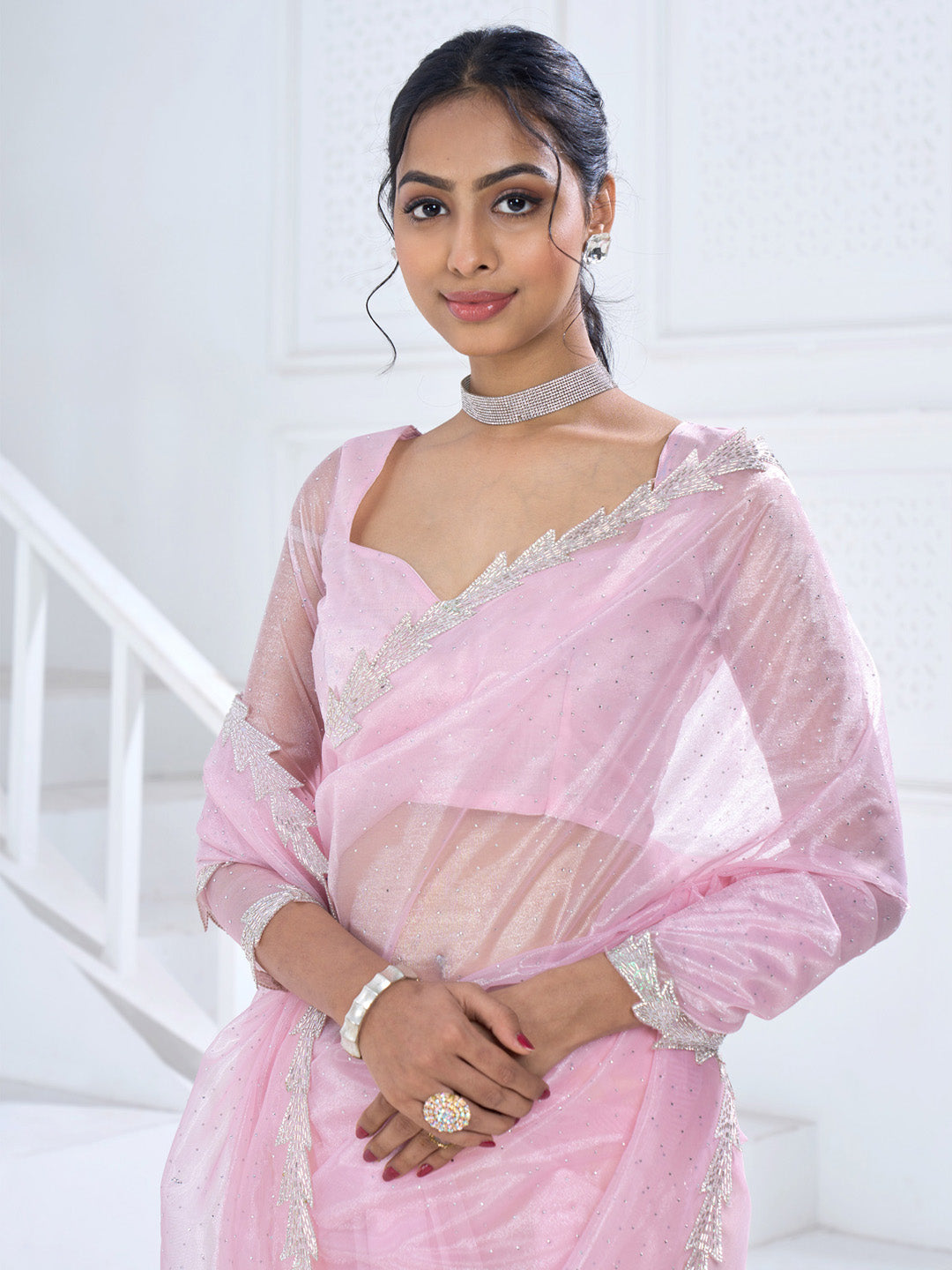 Organza Pink Embellished Designer Saree With Blouse