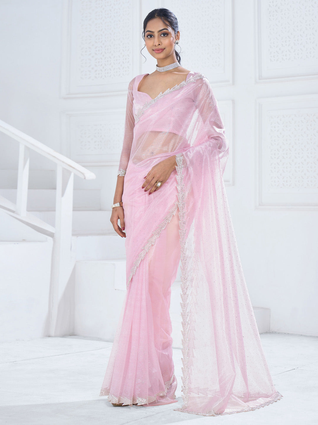 Organza Pink Embellished Designer Saree With Blouse