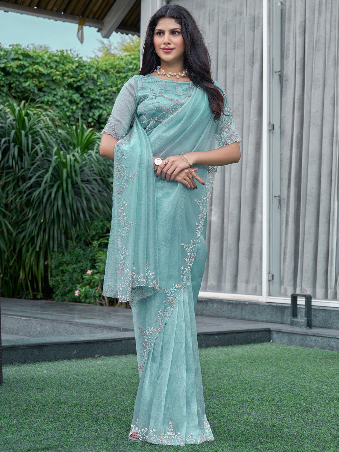 Organza Light Blue Embellished Designer Saree With Blouse