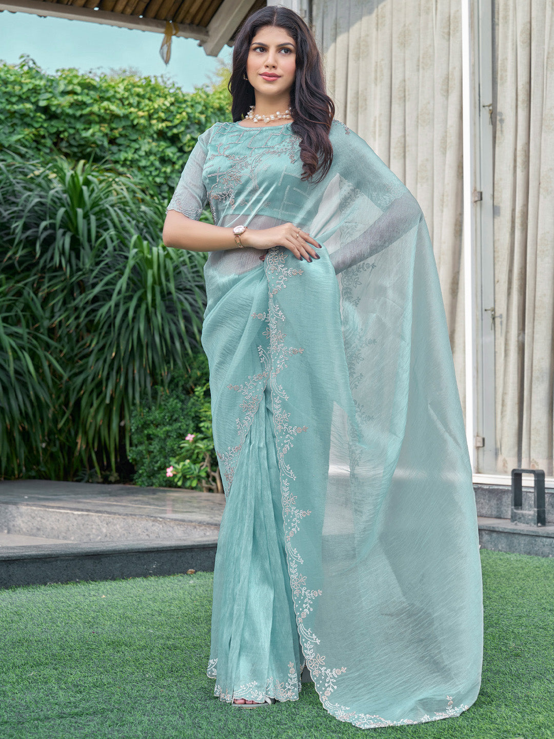 Organza Light Blue Embellished Designer Saree With Blouse