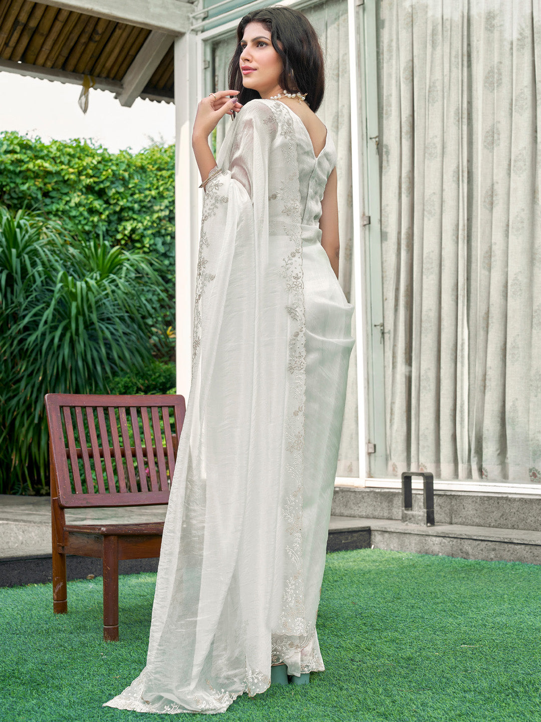 Organza Off White Embellished Designer Saree With Blouse