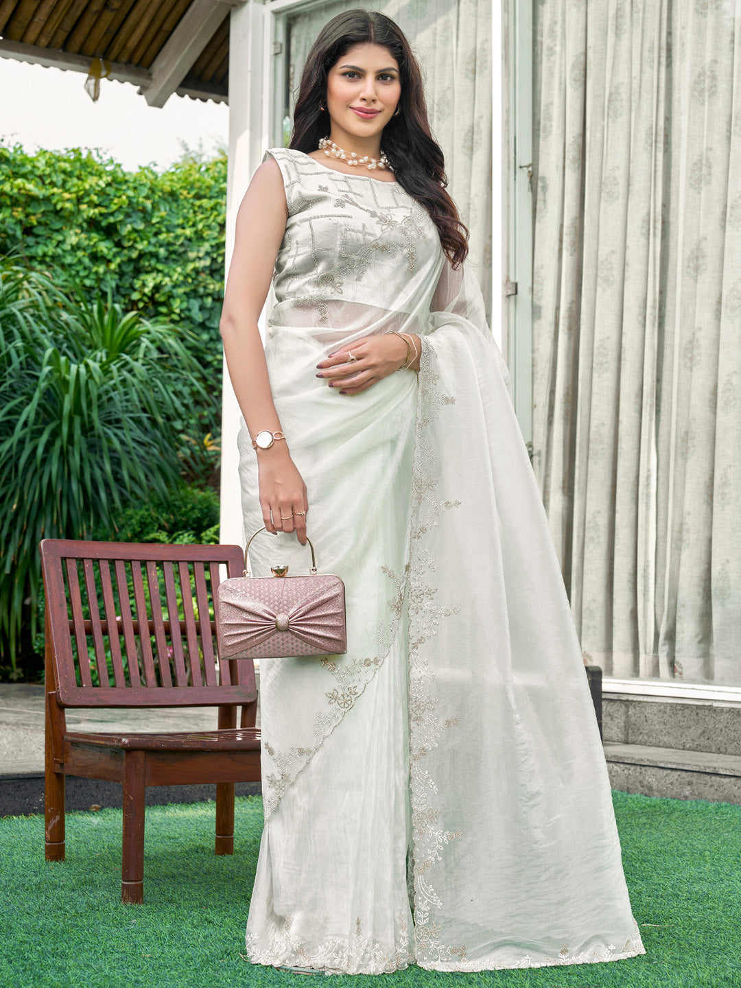 Organza Off White Embellished Designer Saree With Blouse