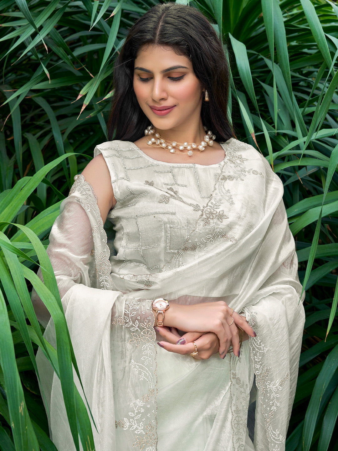 Organza Off White Embellished Designer Saree With Blouse