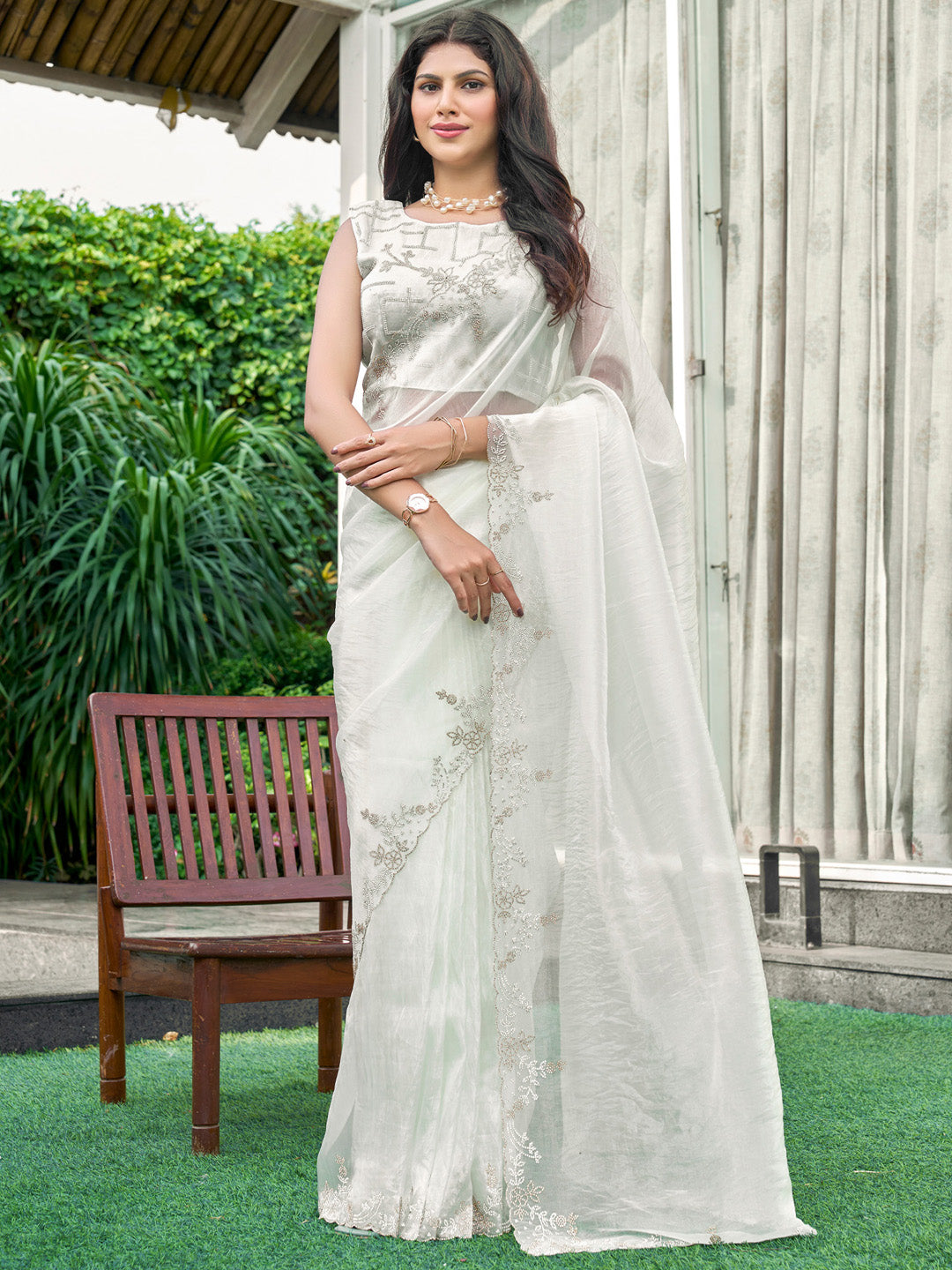 Organza Off White Embellished Designer Saree With Blouse