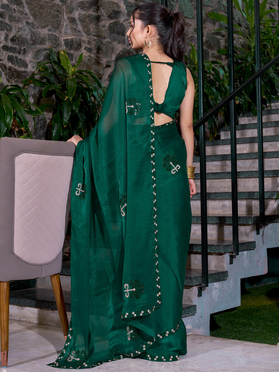 Organza Teal green Embellished Designer Saree With Blouse