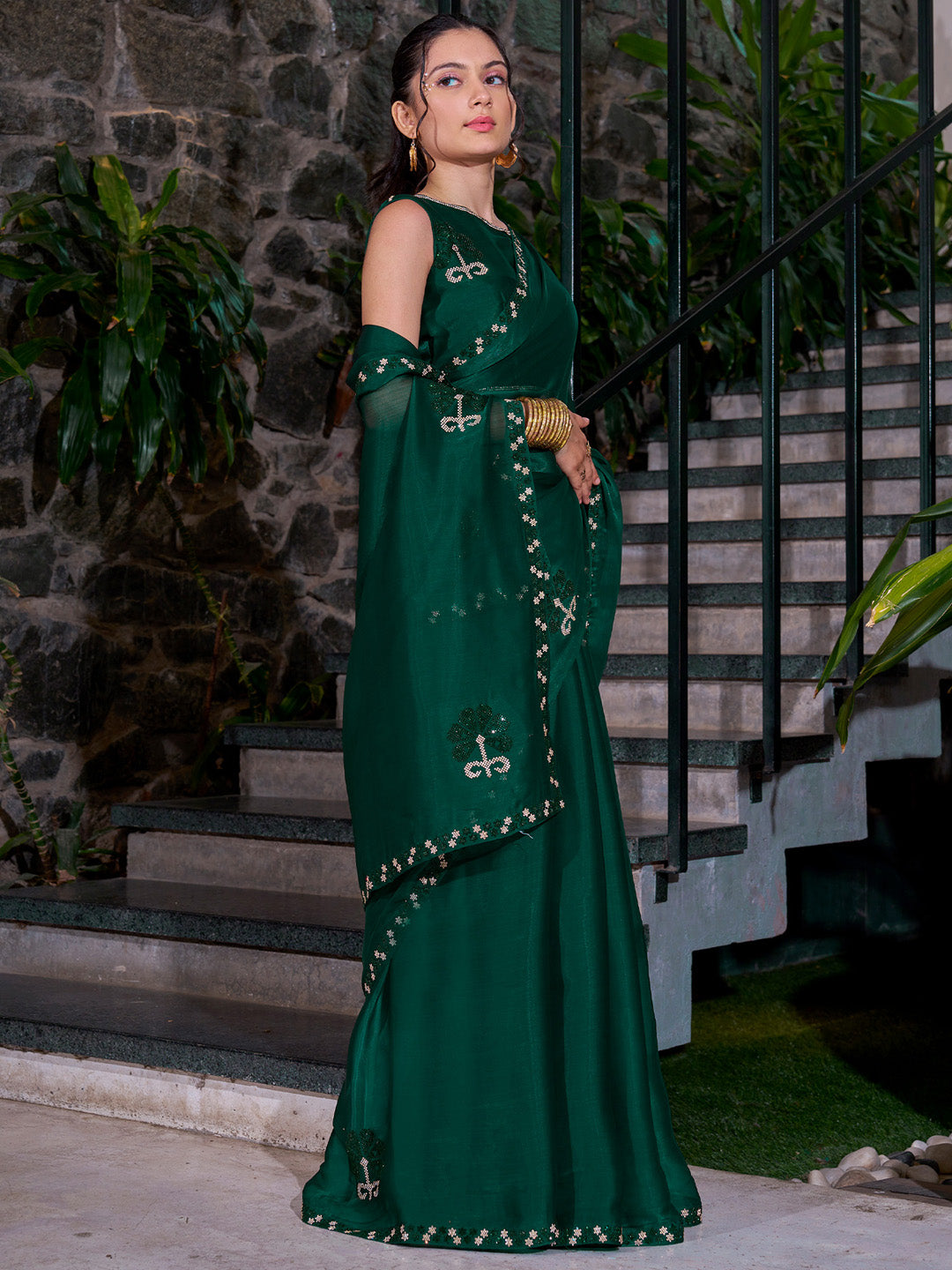 Organza Teal green Embellished Designer Saree With Blouse