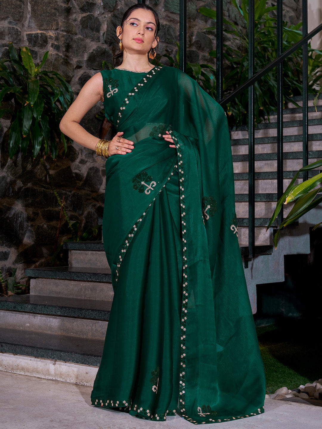 Organza Teal green Embellished Designer Saree With Blouse