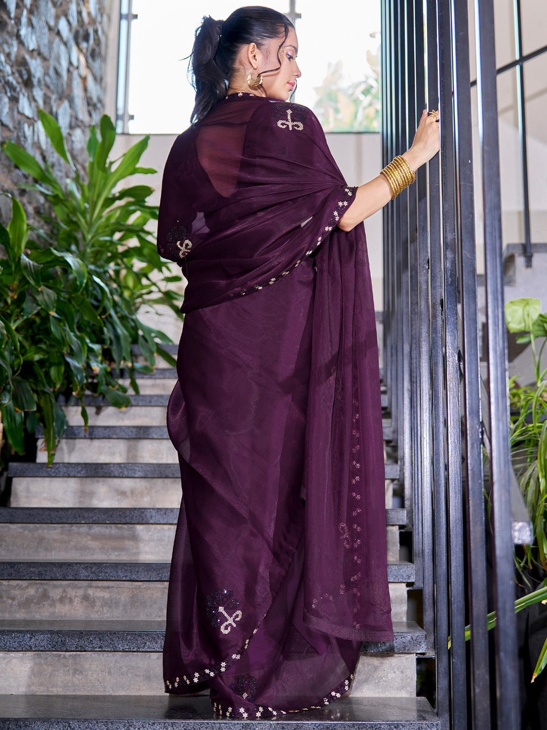 Organza Magenta Embellished Designer Saree With Blouse