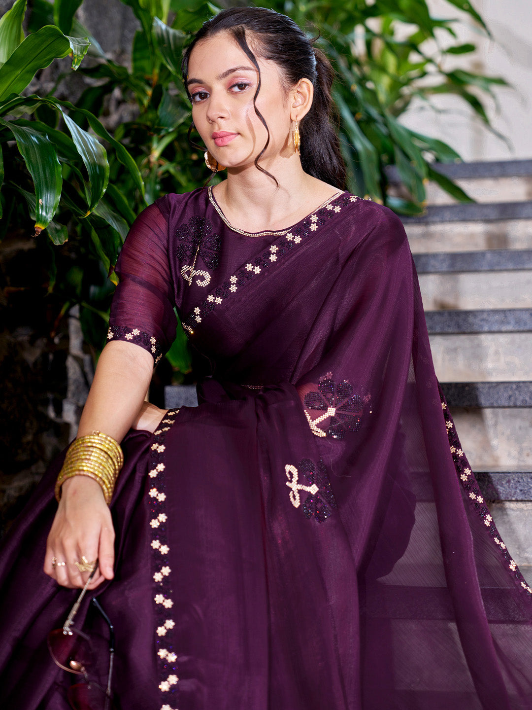 Organza Magenta Embellished Designer Saree With Blouse