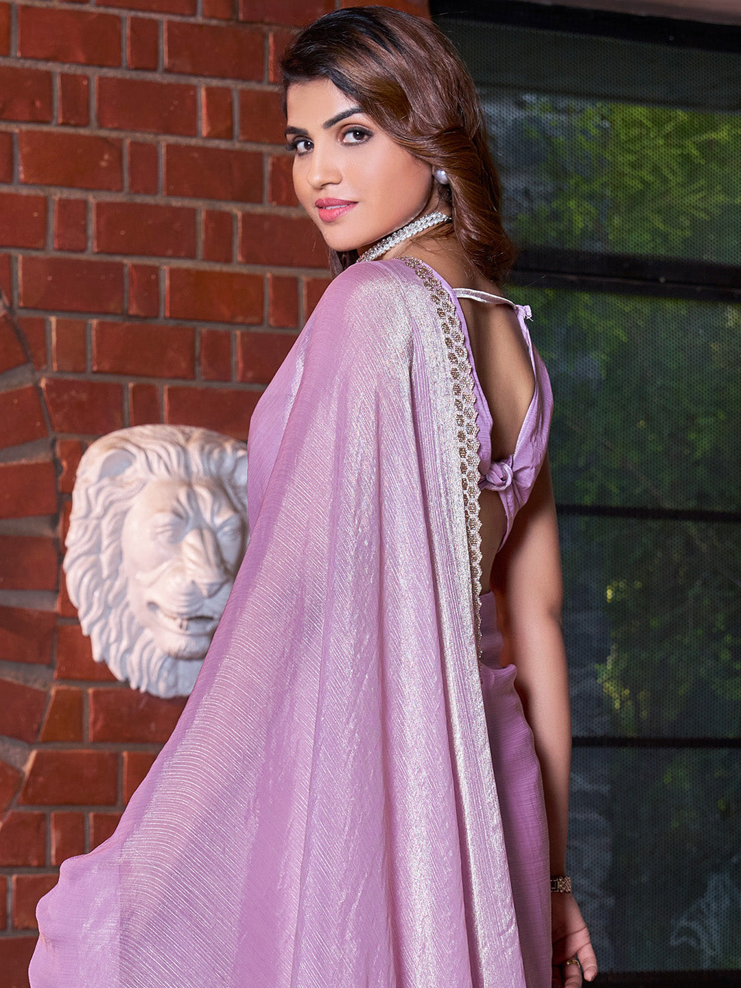 Pure Chiffon Mauve Embellished Designer Saree With Blouse