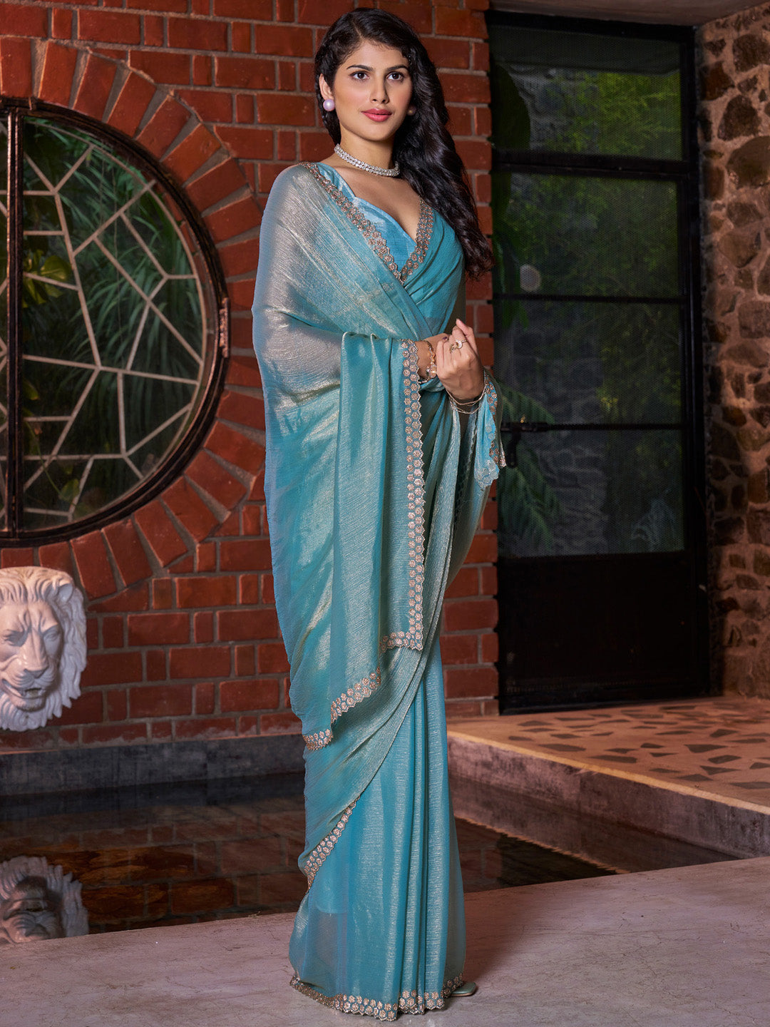 Pure Chiffon Teal blue Embellished Designer Saree With Blouse