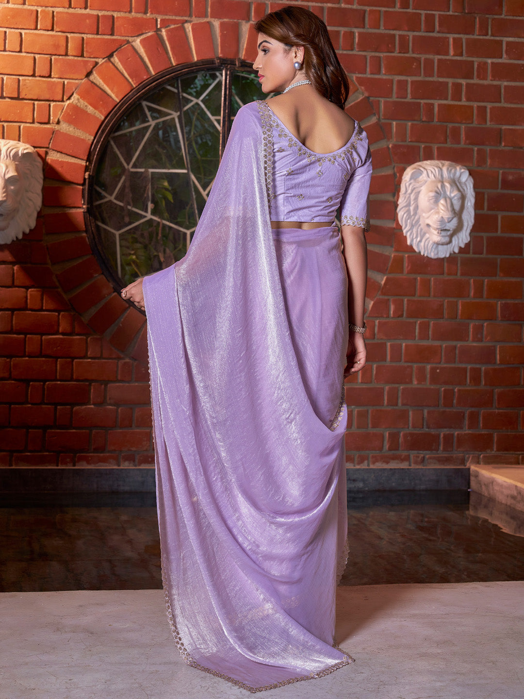 Pure Chiffon Lavendar Embellished Designer Saree With Blouse