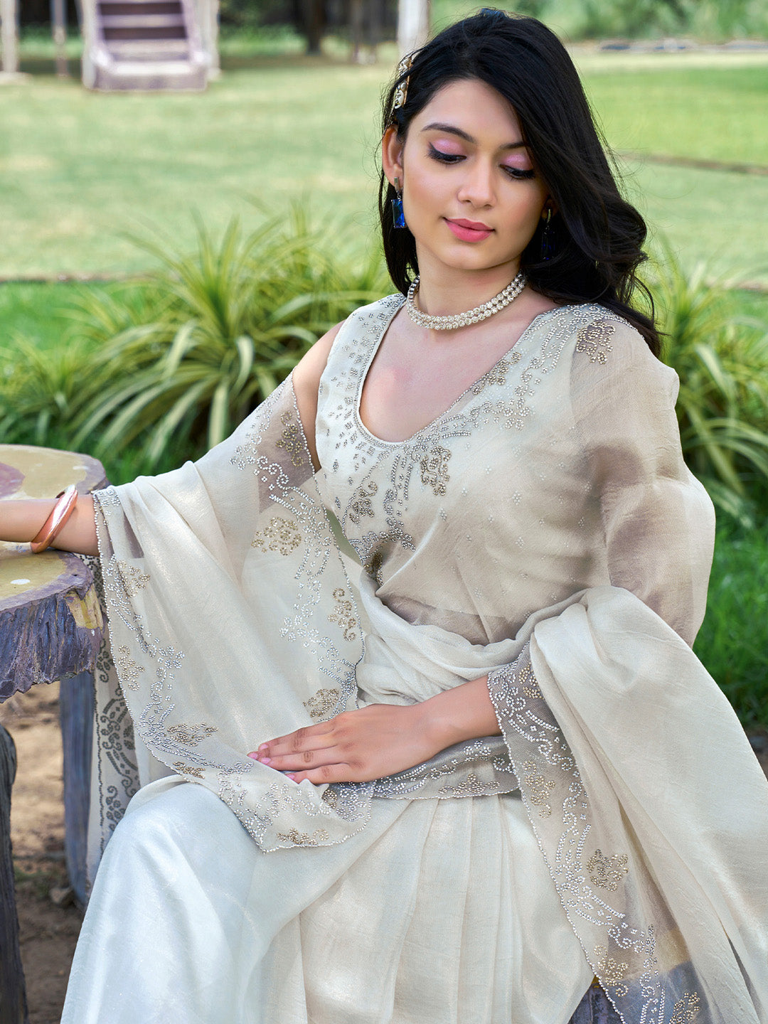 Organza Off White Embellished Designer Saree With Blouse