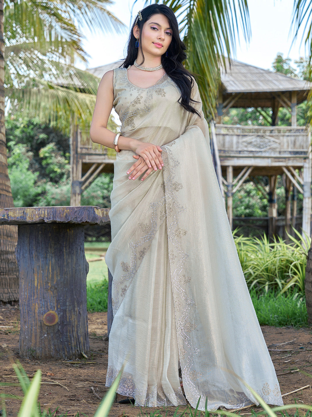 Organza Off White Embellished Designer Saree With Blouse