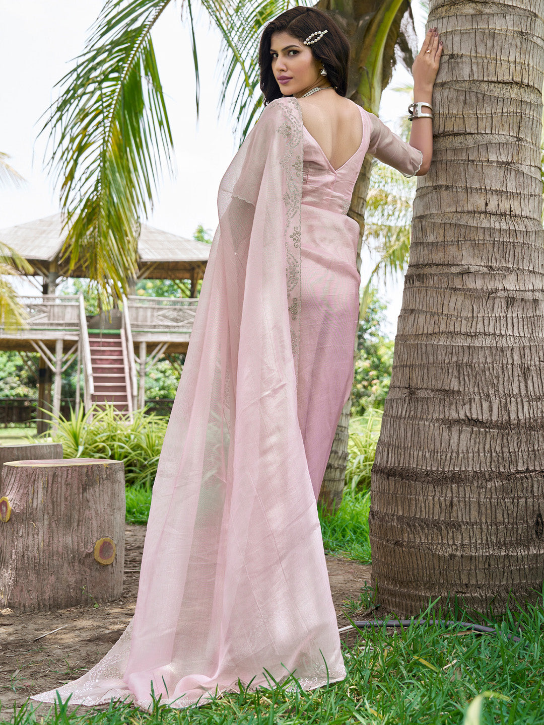 Organza Pink Embellished Designer Saree With Blouse