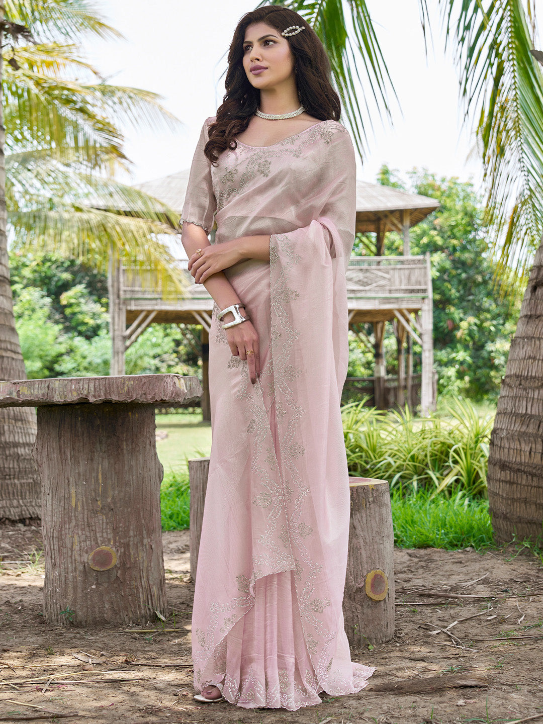 Organza Pink Embellished Designer Saree With Blouse