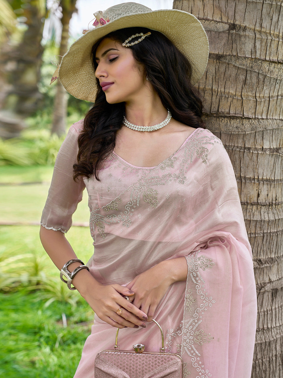 Organza Pink Embellished Designer Saree With Blouse