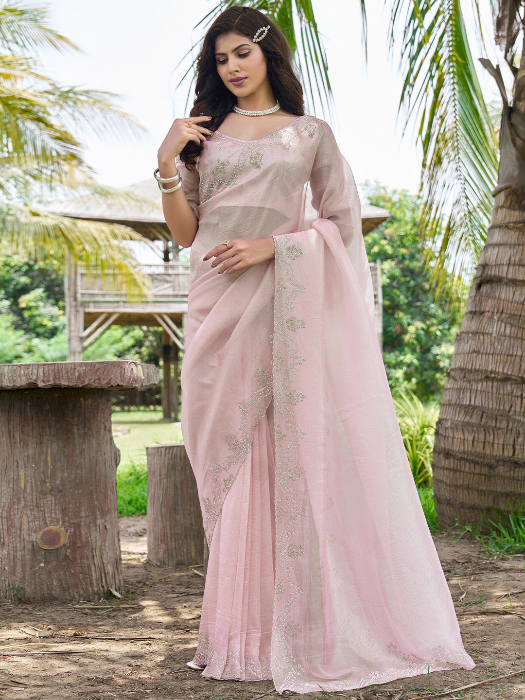 Organza Pink Embellished Designer Saree With Blouse