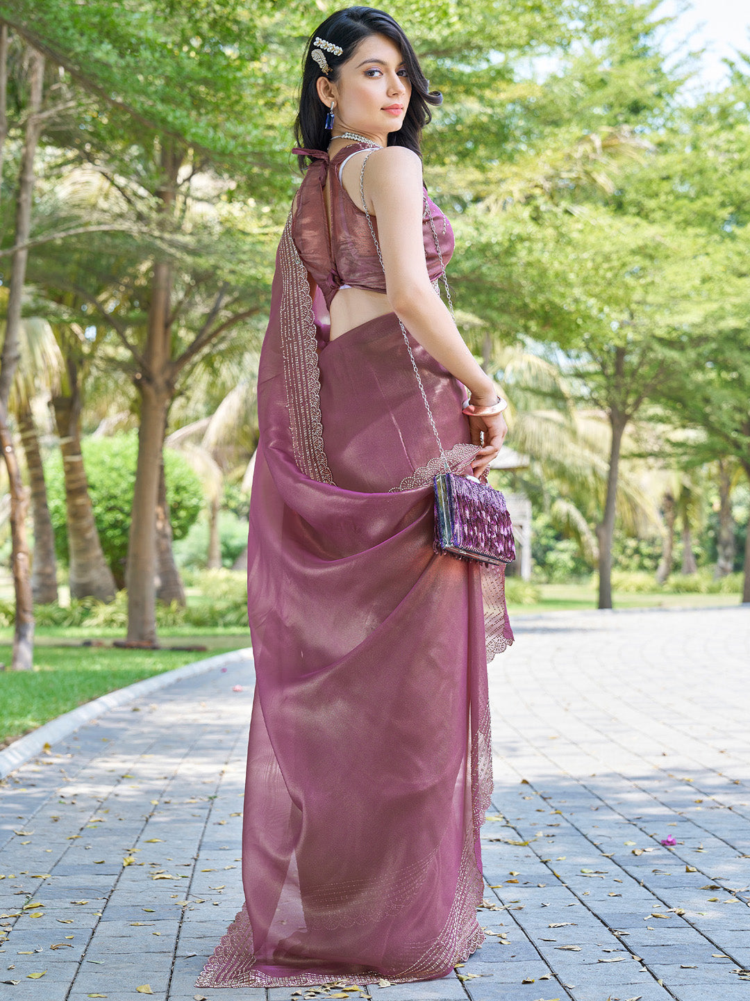 Organza Pink Embellished Designer Saree With Blouse