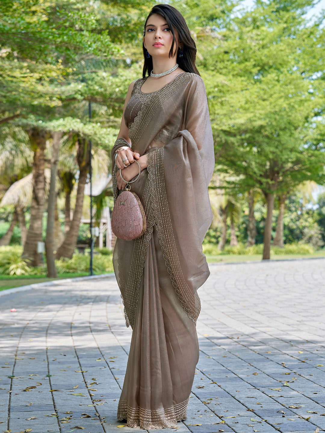 Organza Brown Embellished Designer Saree With Blouse