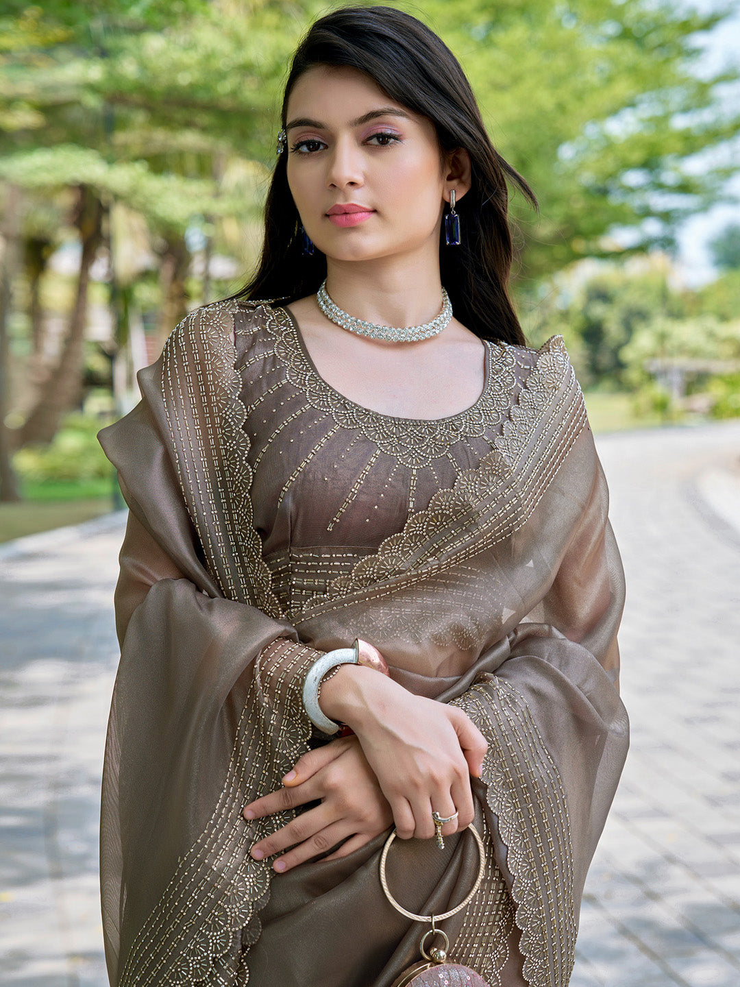 Organza Brown Embellished Designer Saree With Blouse