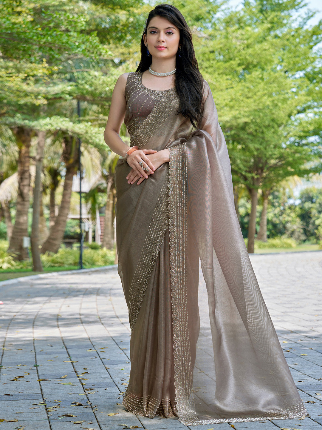 Organza Brown Embellished Designer Saree With Blouse