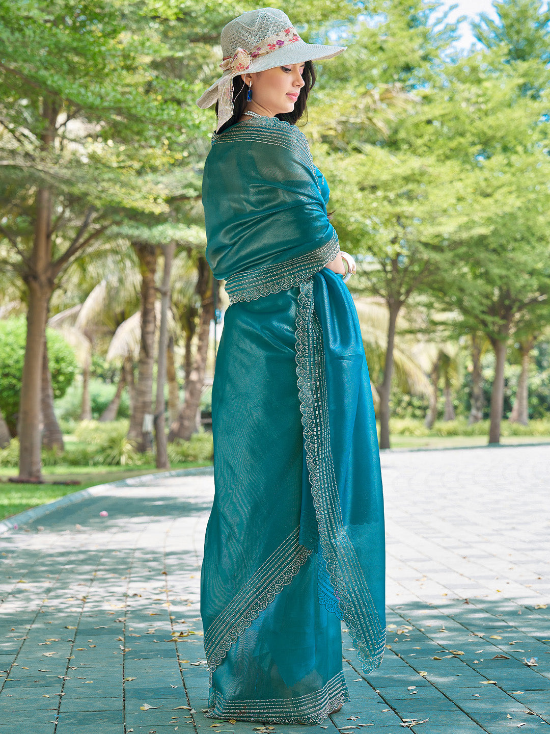 Organza Blue Embellished Designer Saree With Blouse