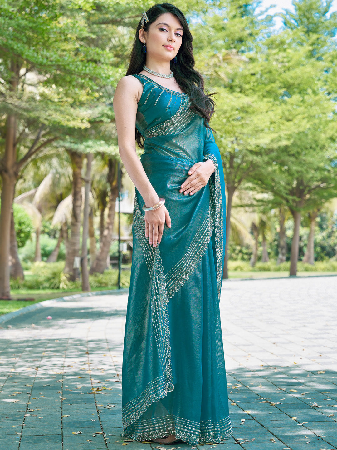 Organza Blue Embellished Designer Saree With Blouse