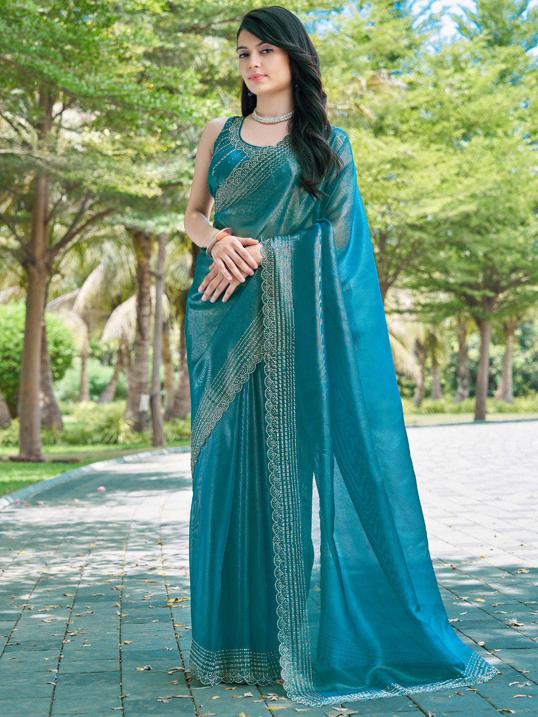 Organza Blue Embellished Designer Saree With Blouse