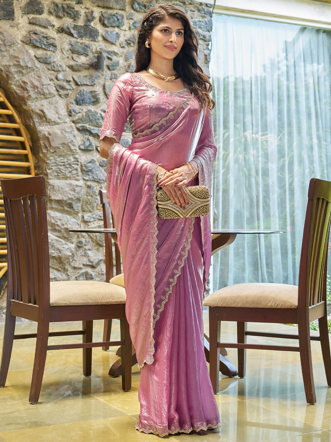 Pure Chiffon Mauve Embellished Designer Saree With Blouse