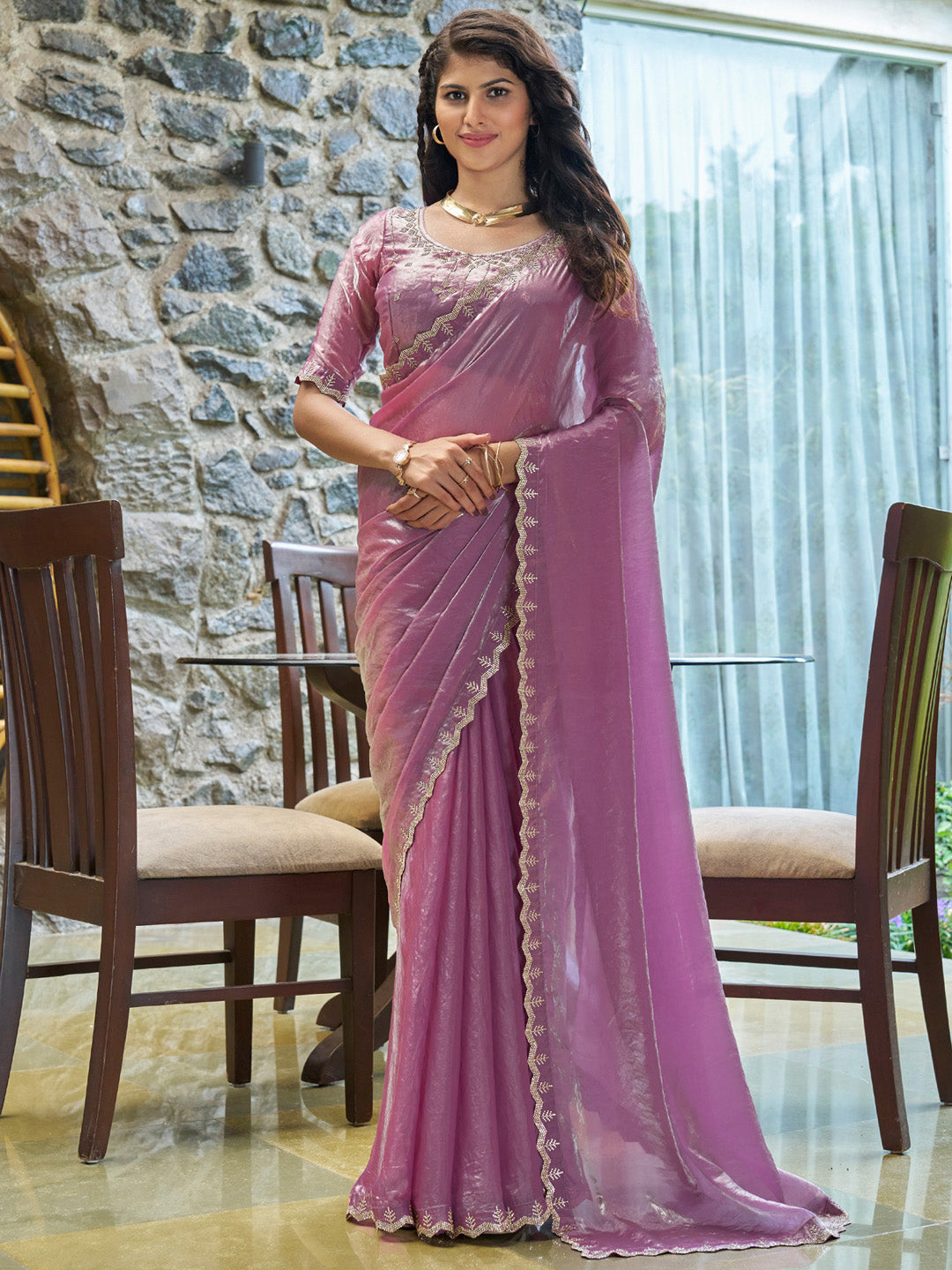 Pure Chiffon Mauve Embellished Designer Saree With Blouse